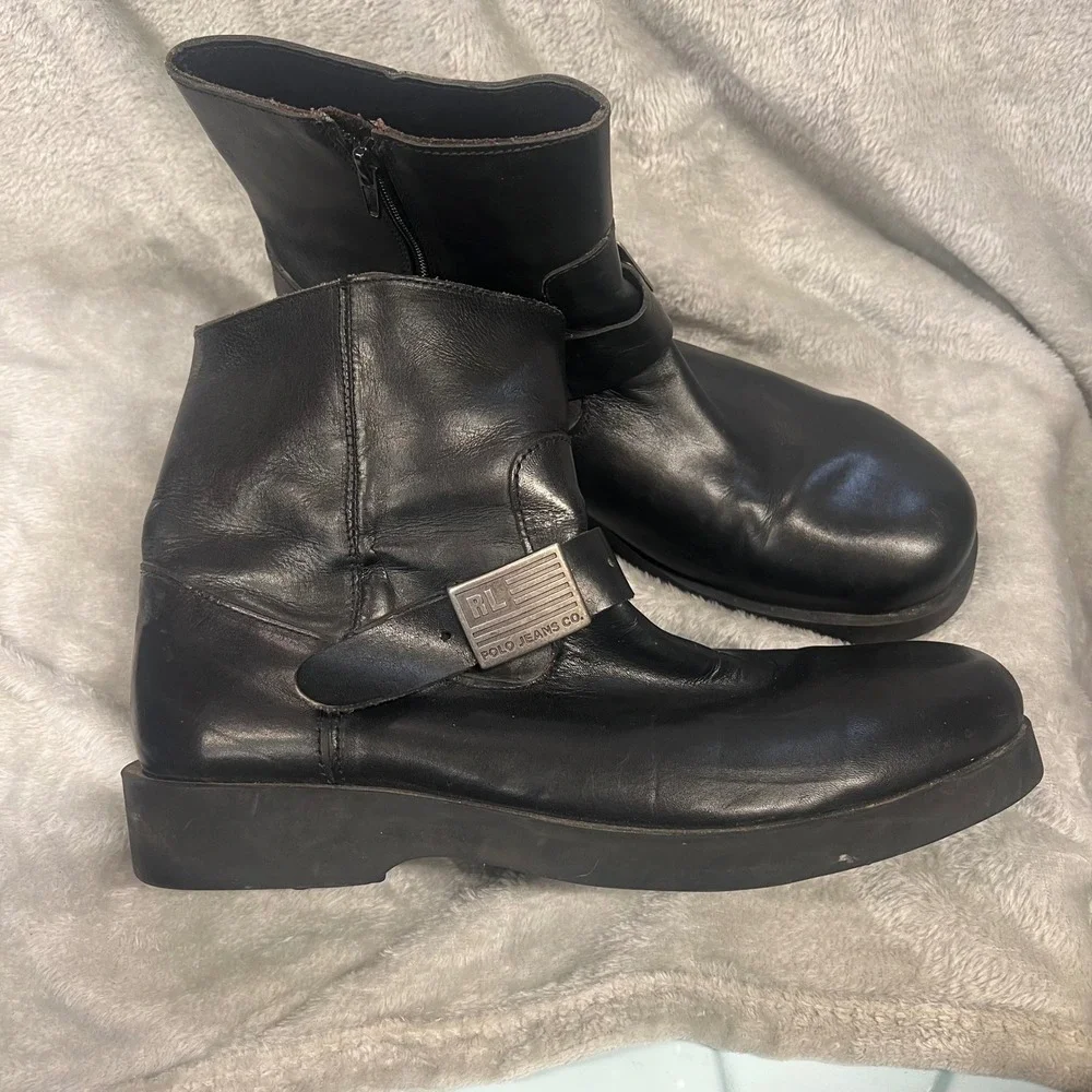 Polo Jeans Co Ralph Lauren Black Leather Buckle Moto Biker Boots Mens size‎ 11.5